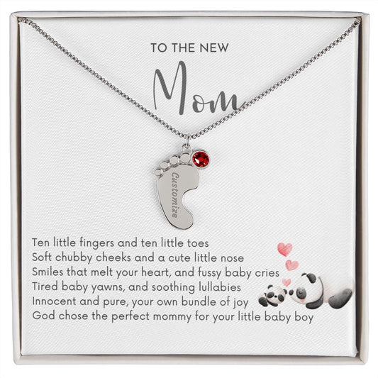 To the New Mom - God Chose the Perfect Mommy/BABY BOY (Engraved Baby Feet Necklace w/Birthstone)