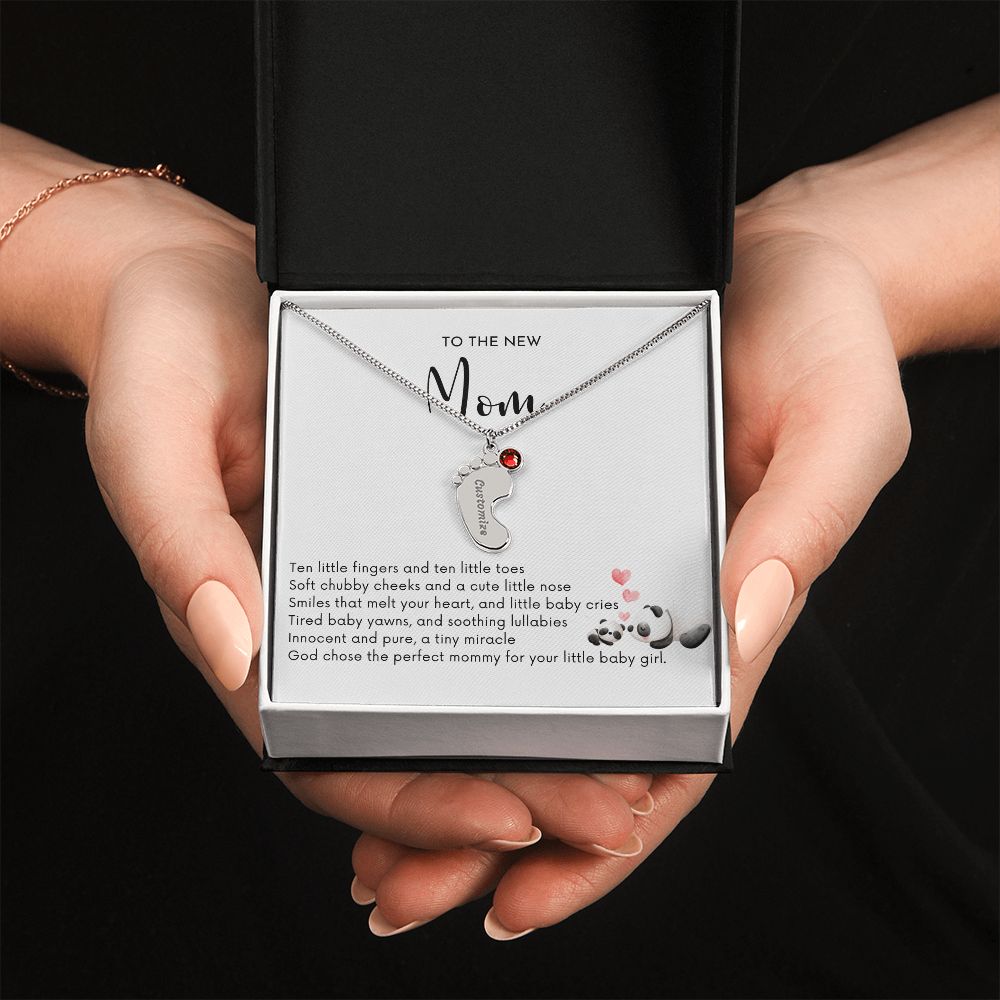 To the New Mom - God Chose the Perfect Mommy/BABY GIRL (Engraved Baby Feet Necklace w/Birthstone)