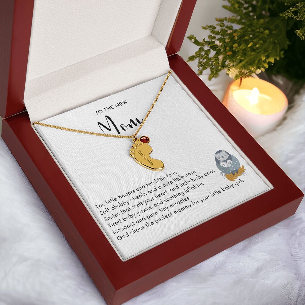 NEW MOM OF TWIN GIRLS - God Chose the Perfect Mommy/Engraved Baby Feet Necklace w/Birthstones