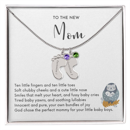 NEW MOM OF TWIN BOYS - God Chose the Perfect Mommy/Engraved Baby Feet Necklace w/Birthstones