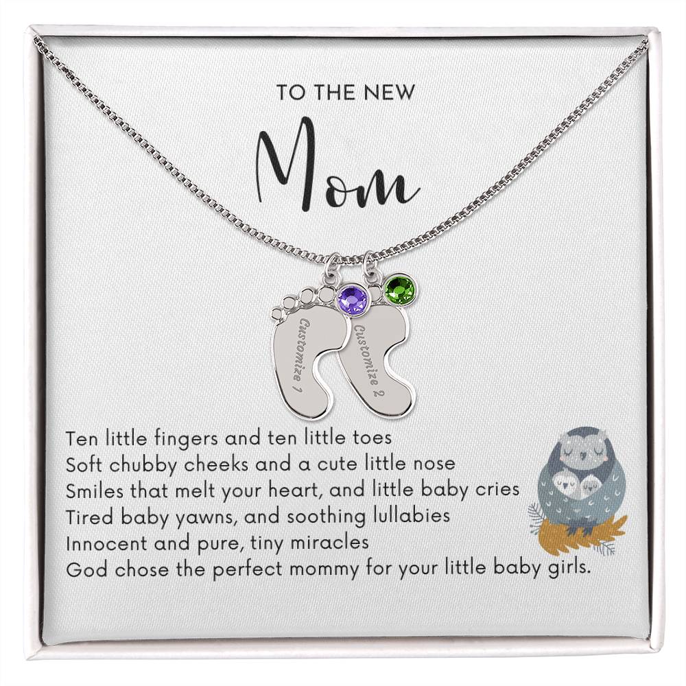 NEW MOM OF TWIN GIRLS - God Chose the Perfect Mommy/Engraved Baby Feet Necklace w/Birthstones