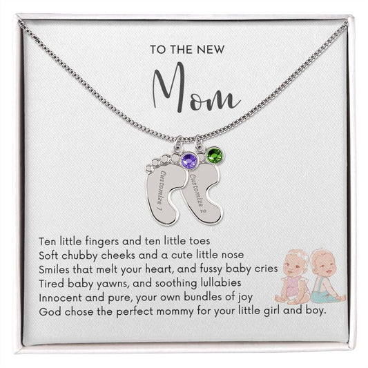 NEW MOM OF TWIN BOY AND GIRL - God Chose the Perfect Mommy/Engraved Baby Feet Necklace w/Birthstones