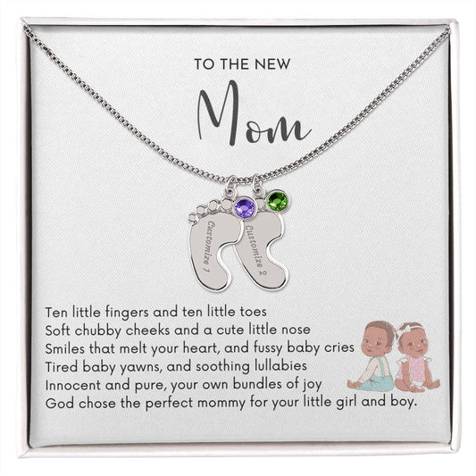 NEW MOM OF TWIN BOY AND GIRL - God Chose the Perfect Mommy/Engraved Baby Feet Necklace w/Birthstones