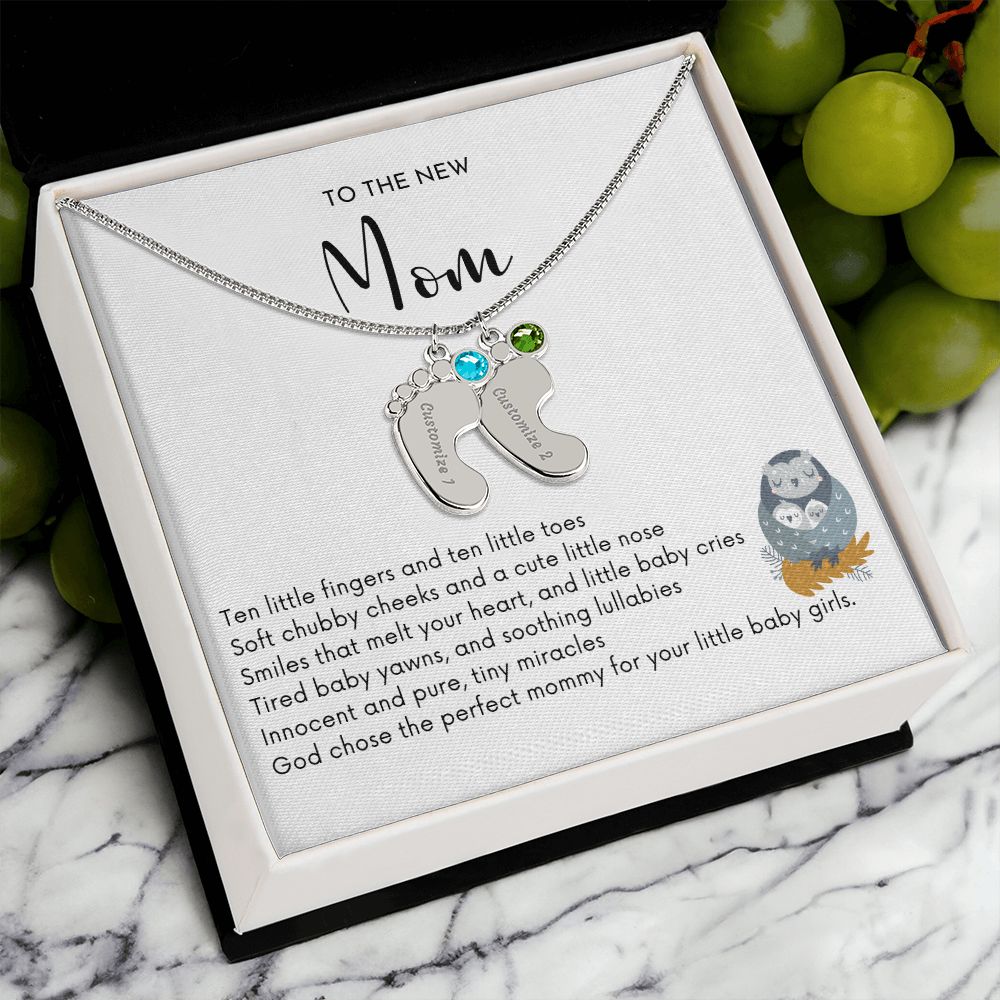 NEW MOM OF TWIN GIRLS - God Chose the Perfect Mommy/Engraved Baby Feet Necklace w/Birthstones