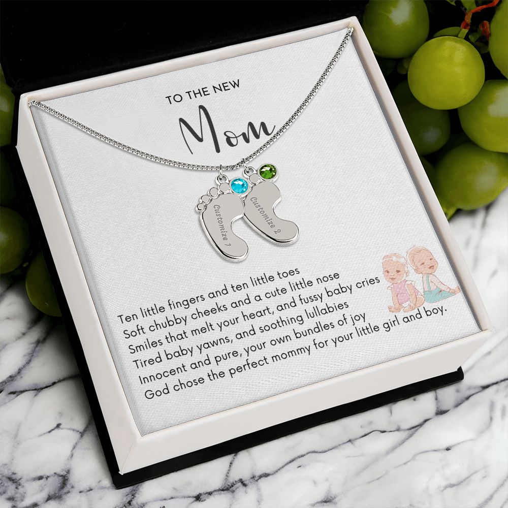 NEW MOM OF TWIN BOY AND GIRL - God Chose the Perfect Mommy/Engraved Baby Feet Necklace w/Birthstones