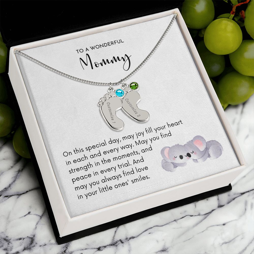 MOMMY OF TWO - Little Ones' Smiles (Engraved Baby Feet w/Birthstones)