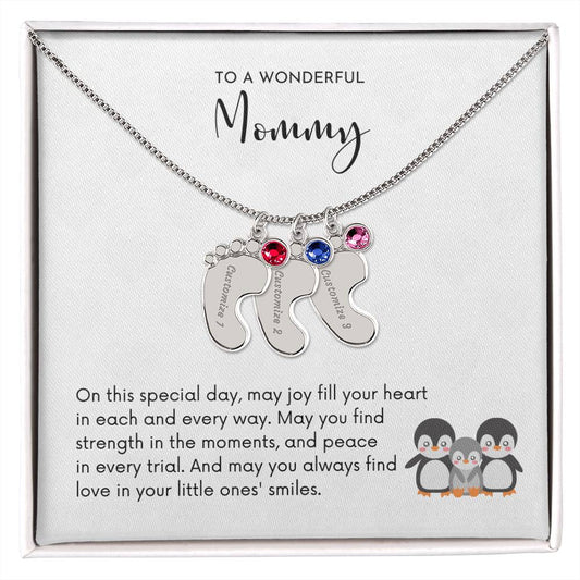 MOMMY OF THREE - Little Ones' Smiles (Engraved Baby Feet Necklace w/Birthstones)