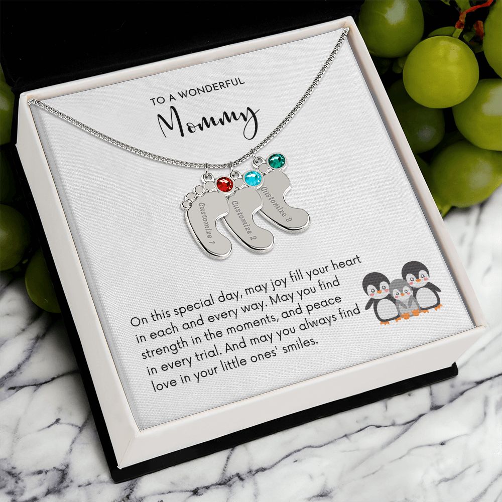 MOMMY OF THREE - Little Ones' Smiles (Engraved Baby Feet Necklace w/Birthstones)