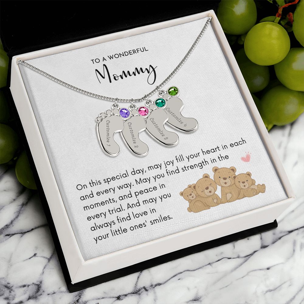 MOM OF FOUR - Little Ones' Smiles (Engraved Baby Feet w/Birthstones)