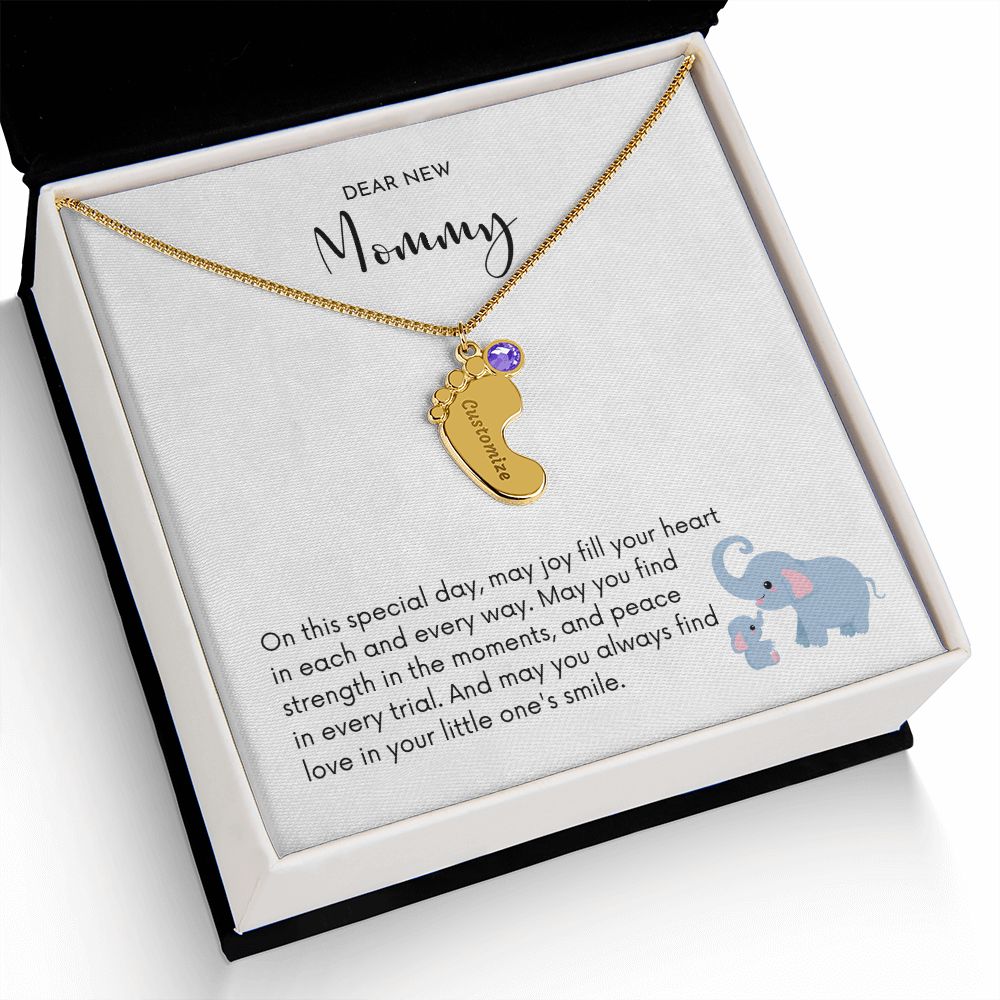 Dear New Mommy - Little One's Smile (Engraved Baby Feet Necklace w/Birthstone)