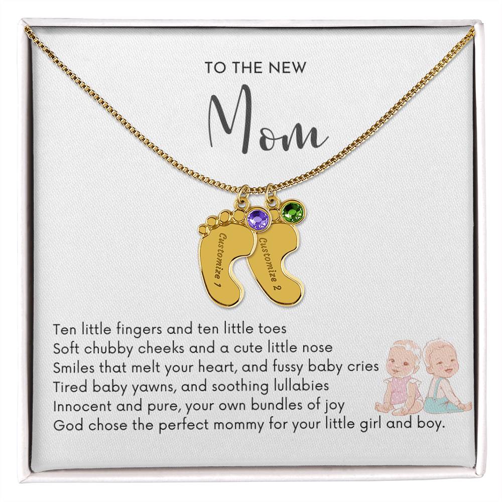 NEW MOM OF TWIN BOY AND GIRL - God Chose the Perfect Mommy/Engraved Baby Feet Necklace w/Birthstones