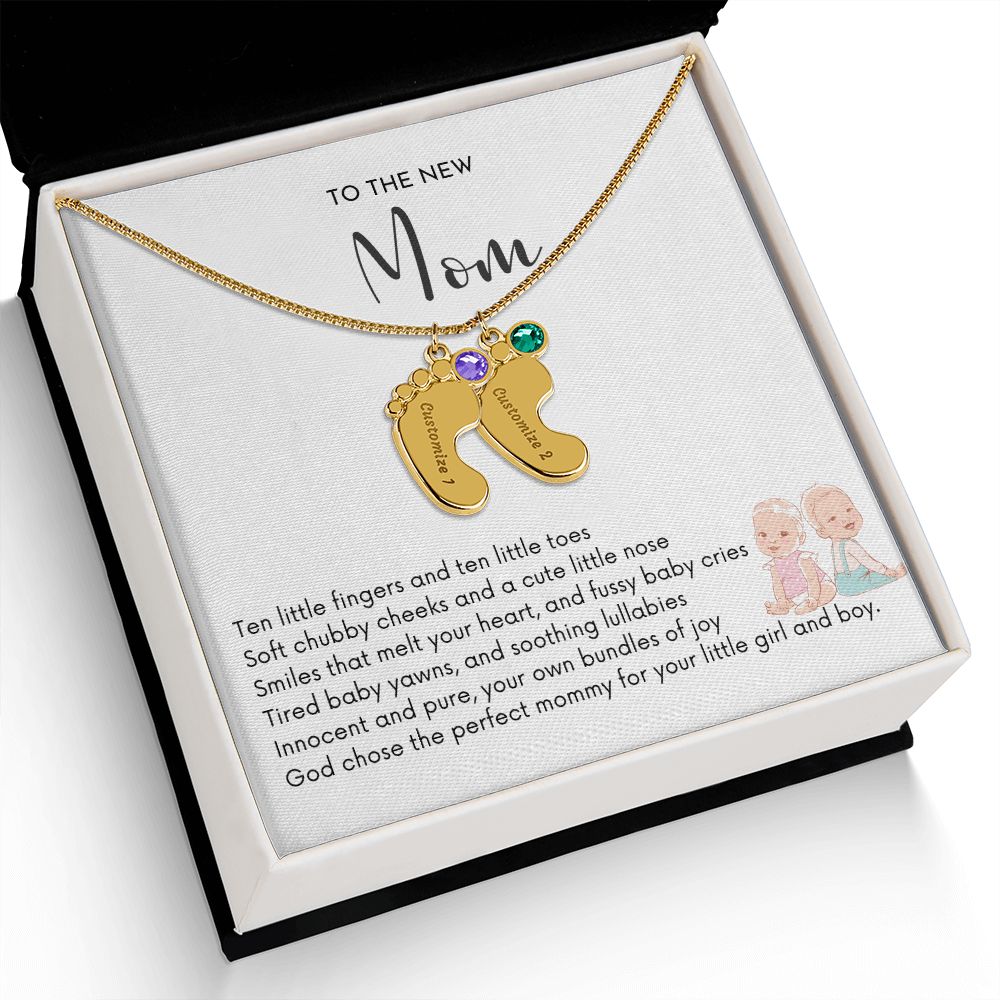 NEW MOM OF TWIN BOY AND GIRL - God Chose the Perfect Mommy/Engraved Baby Feet Necklace w/Birthstones