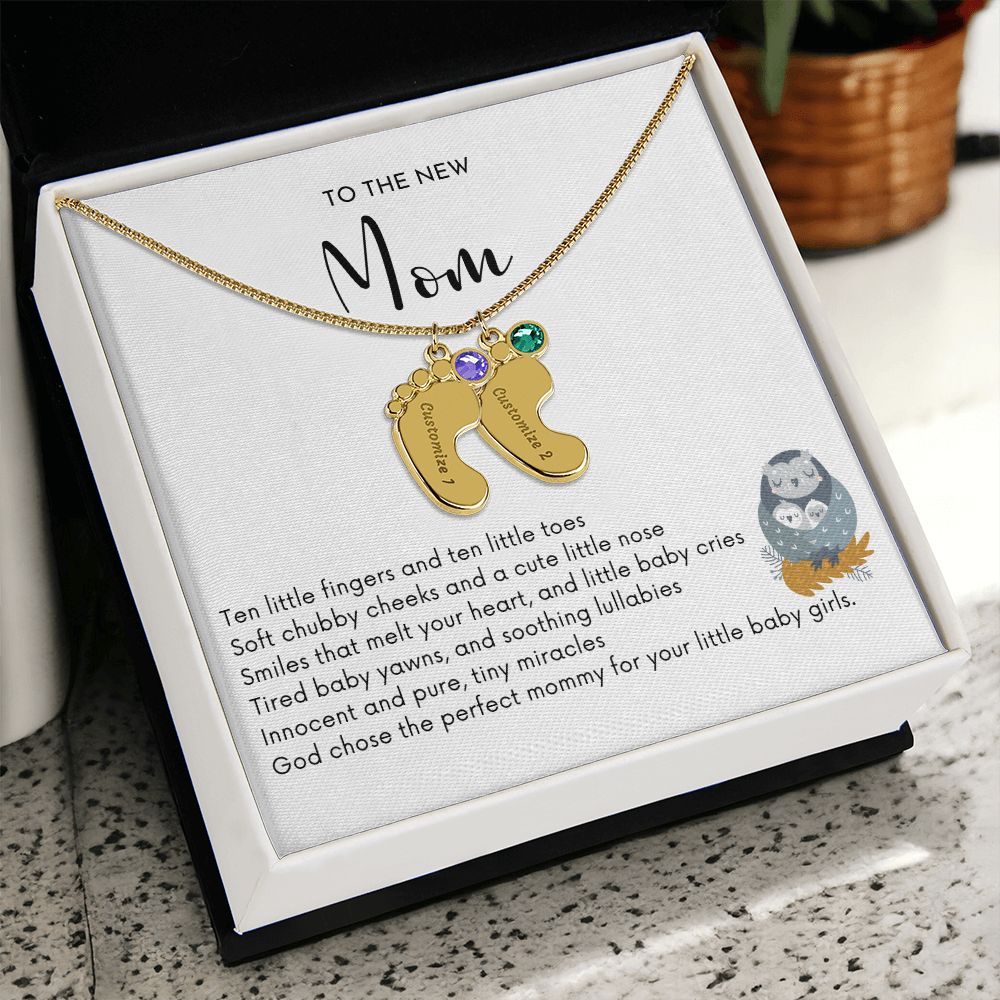 NEW MOM OF TWIN GIRLS - God Chose the Perfect Mommy/Engraved Baby Feet Necklace w/Birthstones