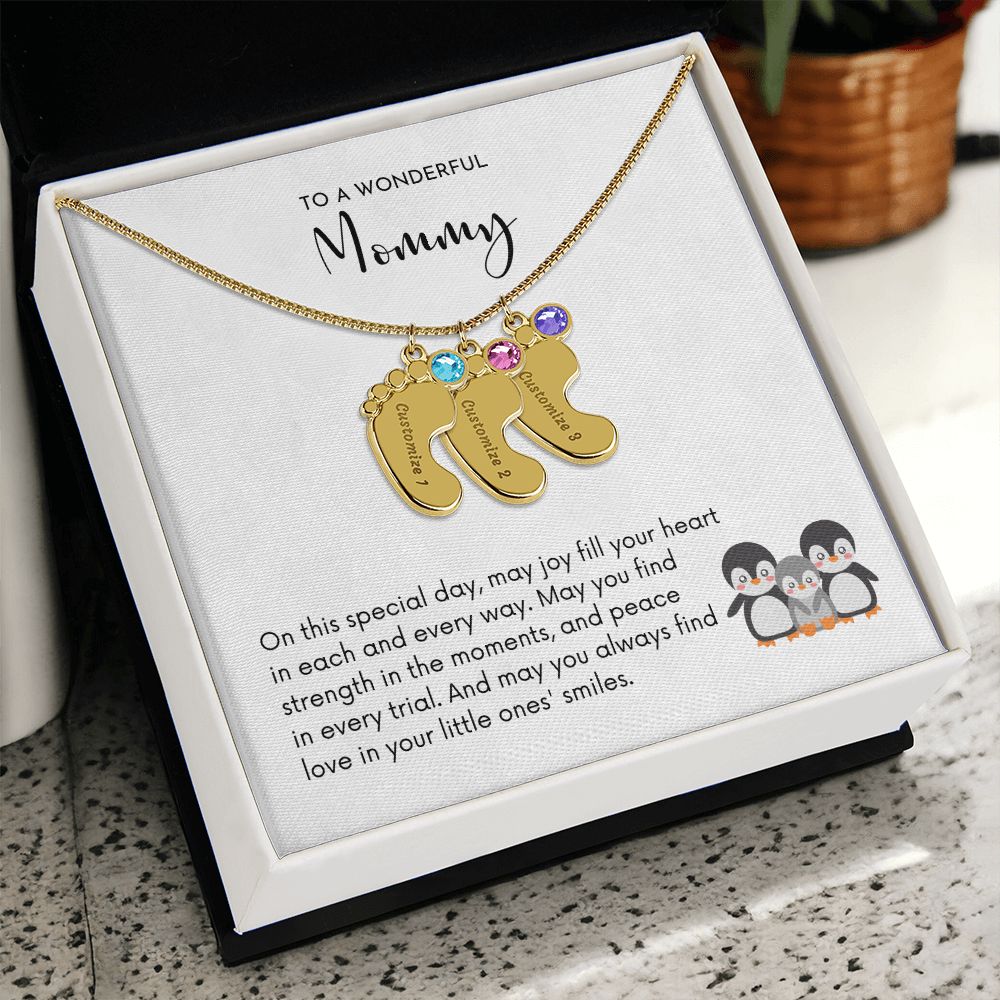 MOMMY OF THREE - Little Ones' Smiles (Engraved Baby Feet Necklace w/Birthstones)