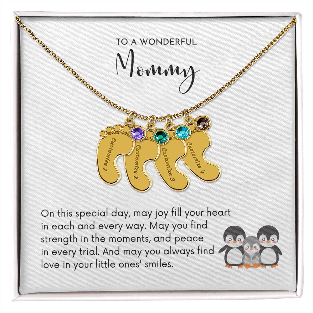 MOMMY OF THREE - Little Ones' Smiles (Engraved Baby Feet Necklace w/Birthstones)