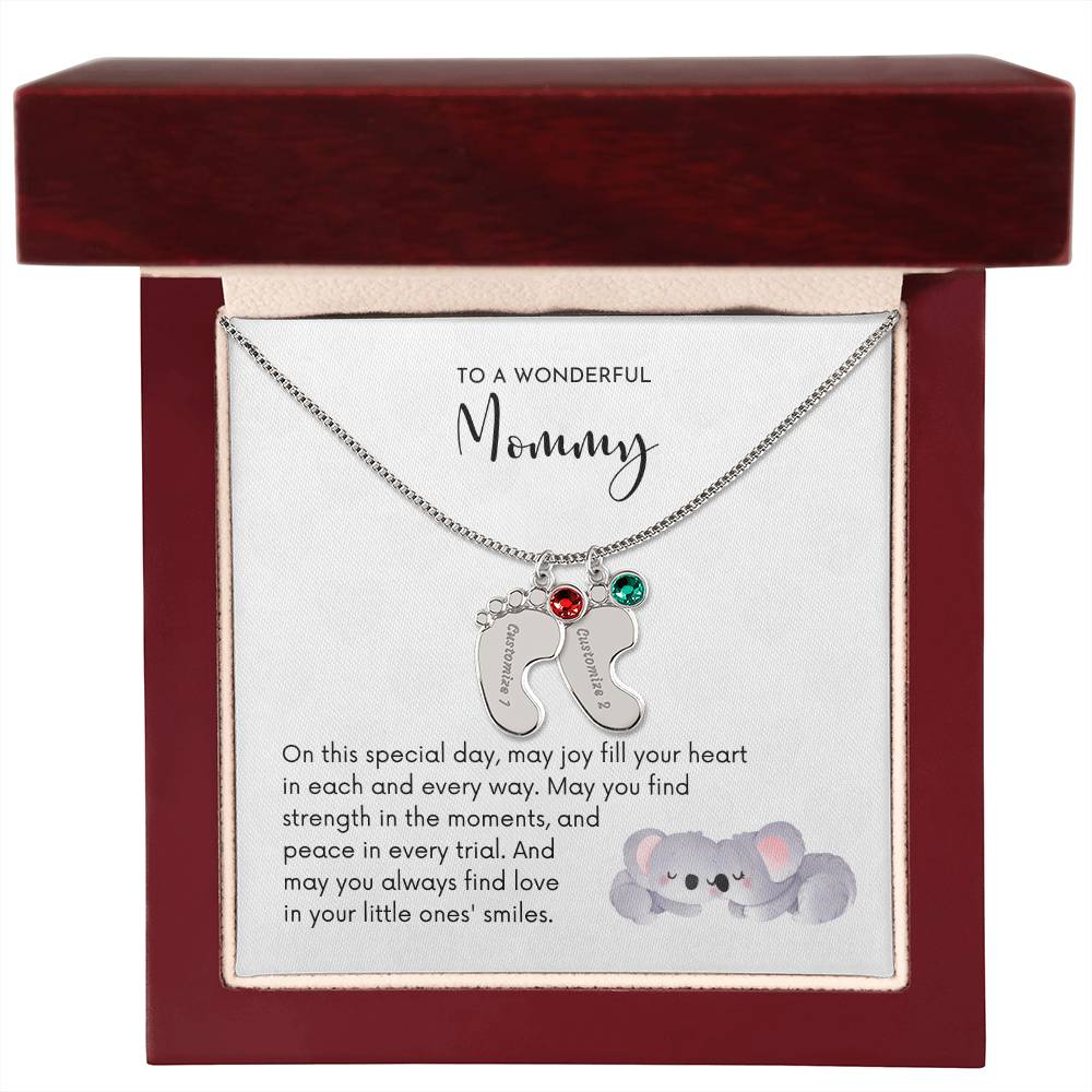 MOMMY OF TWO - Little Ones' Smiles (Engraved Baby Feet w/Birthstones)