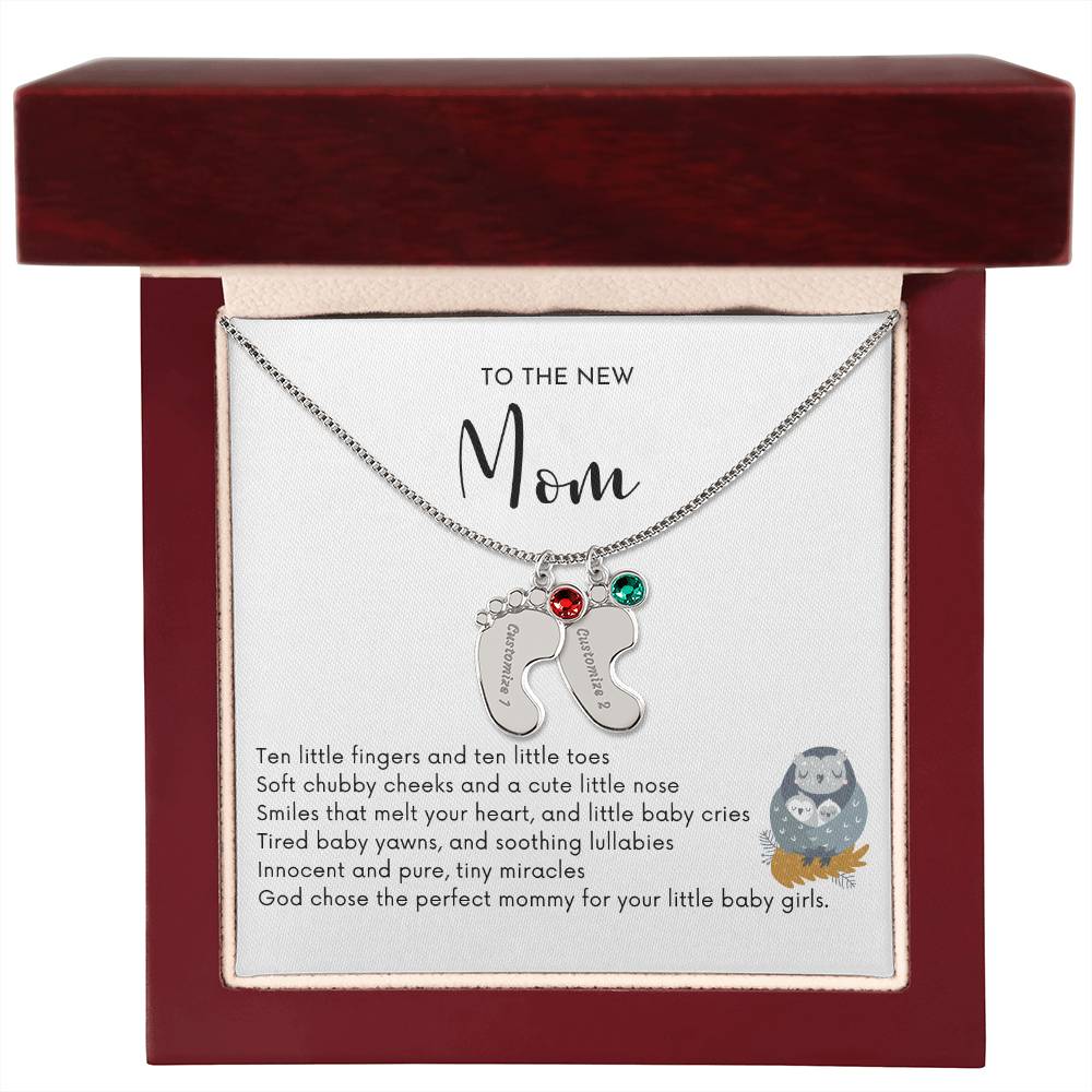 NEW MOM OF TWIN GIRLS - God Chose the Perfect Mommy/Engraved Baby Feet Necklace w/Birthstones