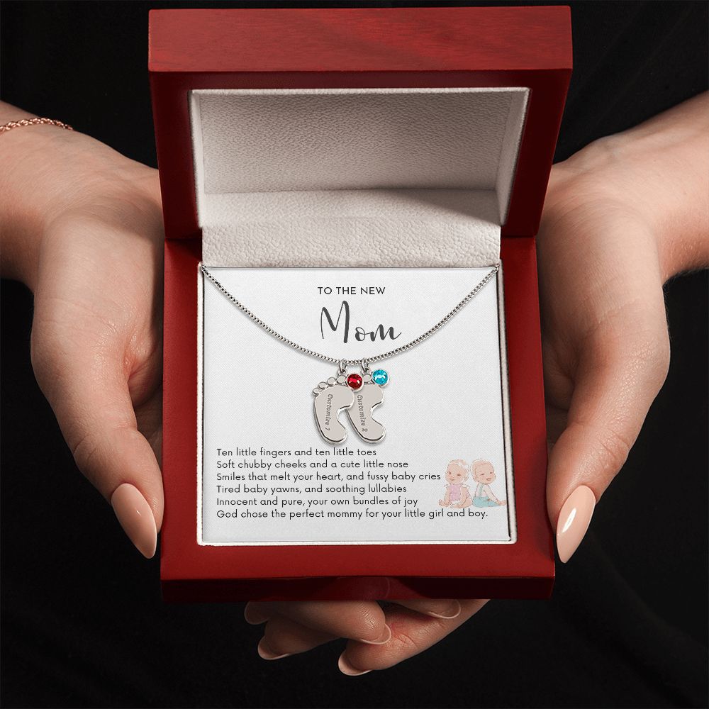 NEW MOM OF TWIN BOY AND GIRL - God Chose the Perfect Mommy/Engraved Baby Feet Necklace w/Birthstones