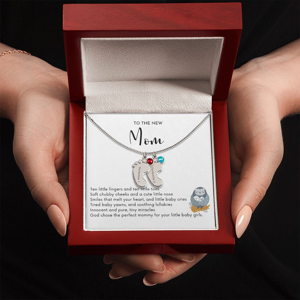 NEW MOM OF TWIN GIRLS - God Chose the Perfect Mommy/Engraved Baby Feet Necklace w/Birthstones