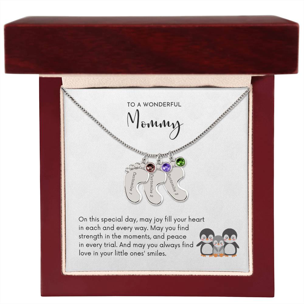 MOMMY OF THREE - Little Ones' Smiles (Engraved Baby Feet Necklace w/Birthstones)