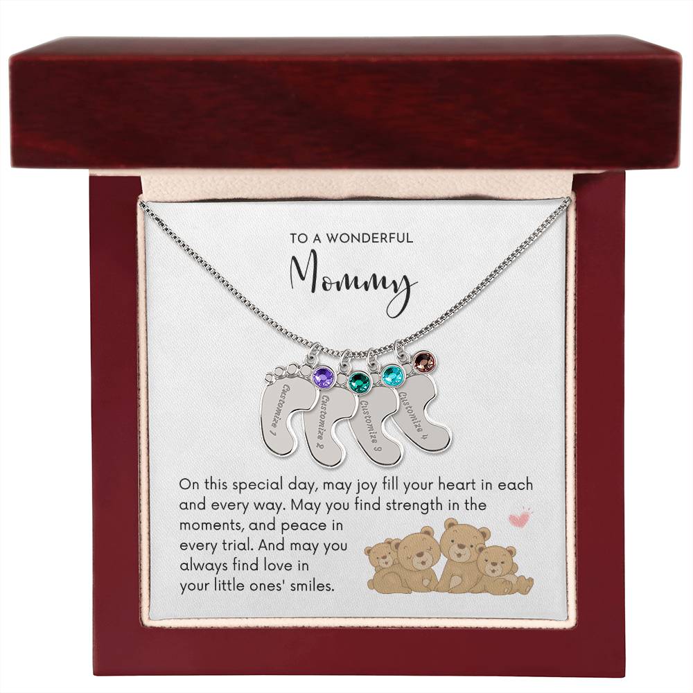 MOM OF FOUR - Little Ones' Smiles (Engraved Baby Feet w/Birthstones)