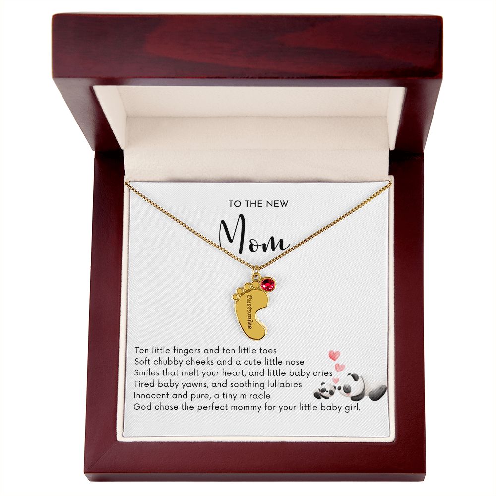 To the New Mom - God Chose the Perfect Mommy/BABY GIRL (Engraved Baby Feet Necklace w/Birthstone)