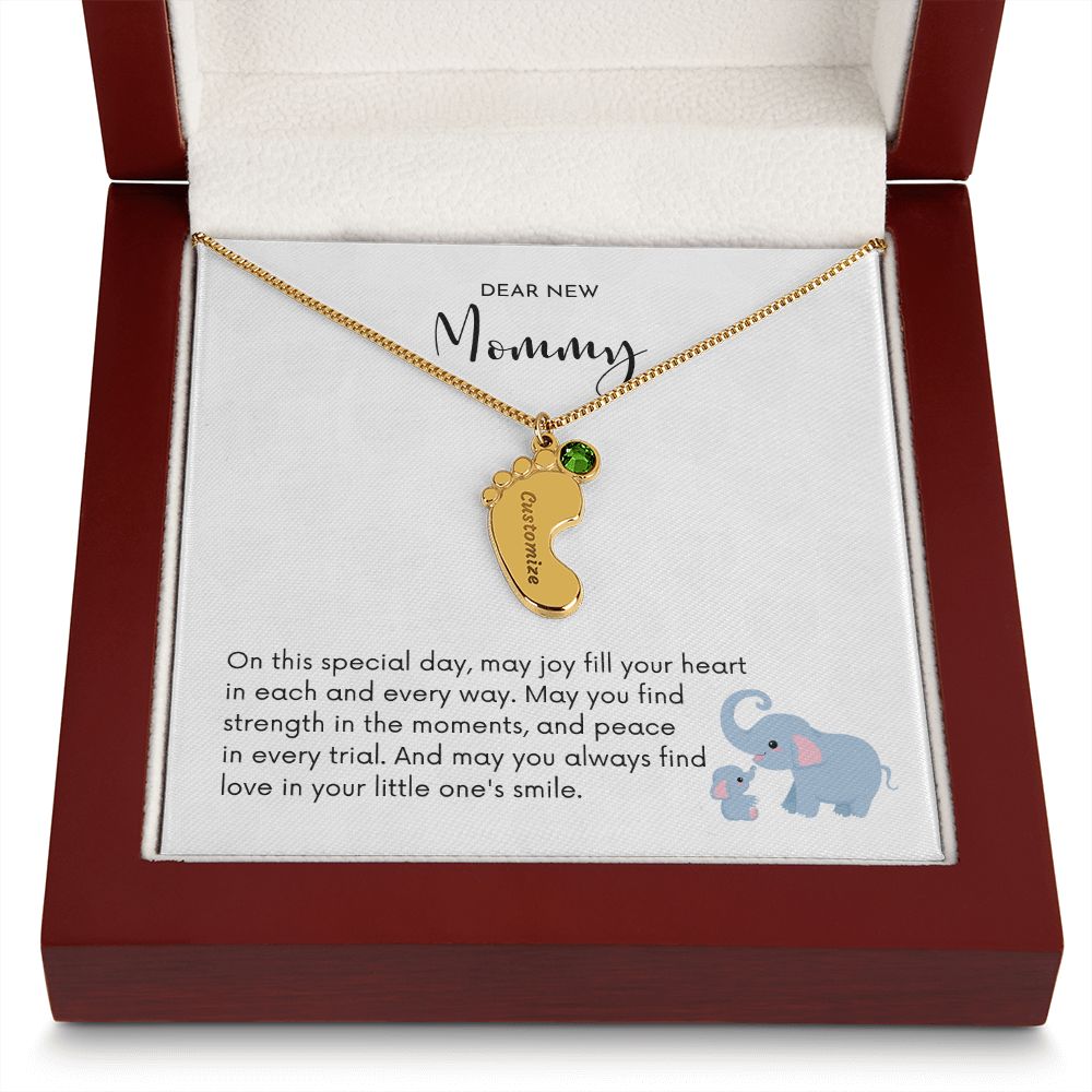 Dear New Mommy - Little One's Smile (Engraved Baby Feet Necklace w/Birthstone)