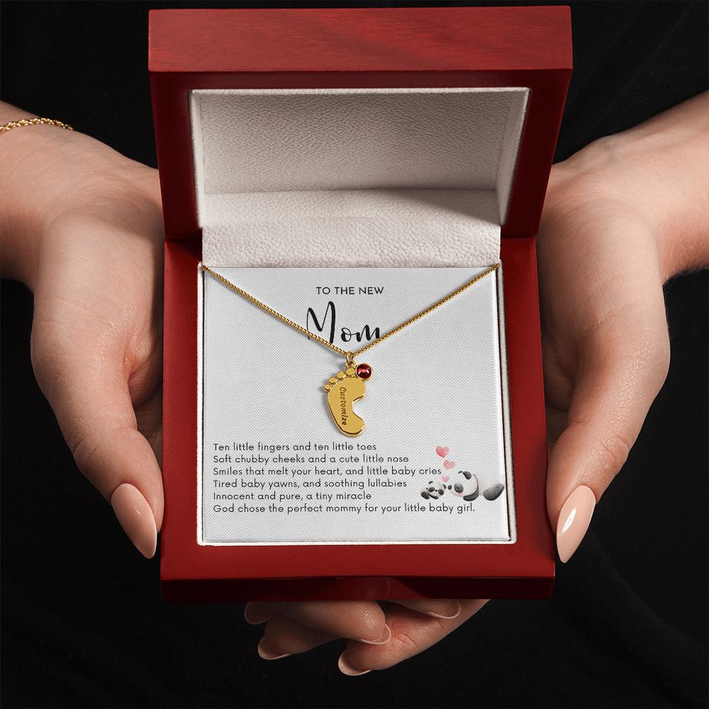 To the New Mom - God Chose the Perfect Mommy/BABY GIRL (Engraved Baby Feet Necklace w/Birthstone)