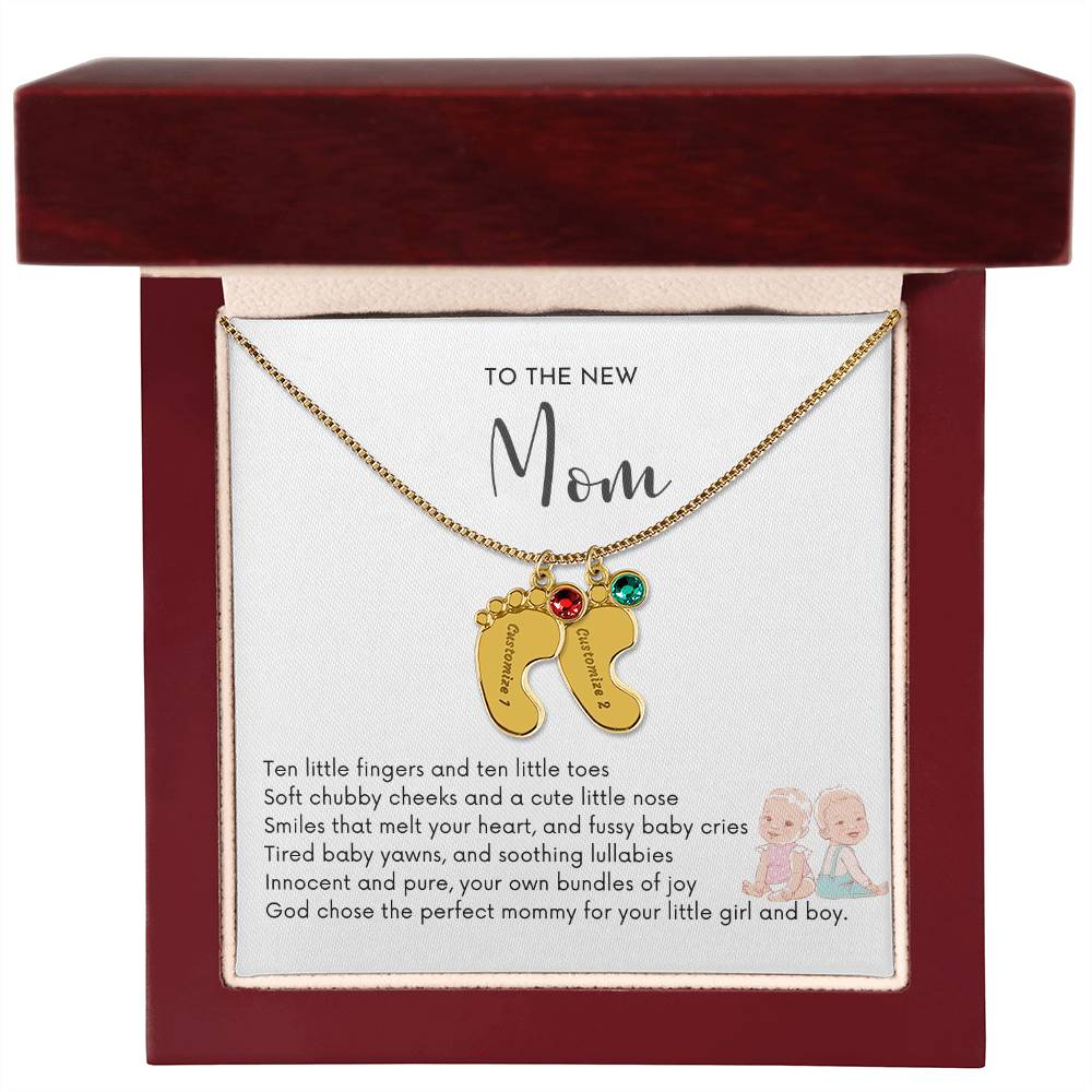 NEW MOM OF TWIN BOY AND GIRL - God Chose the Perfect Mommy/Engraved Baby Feet Necklace w/Birthstones