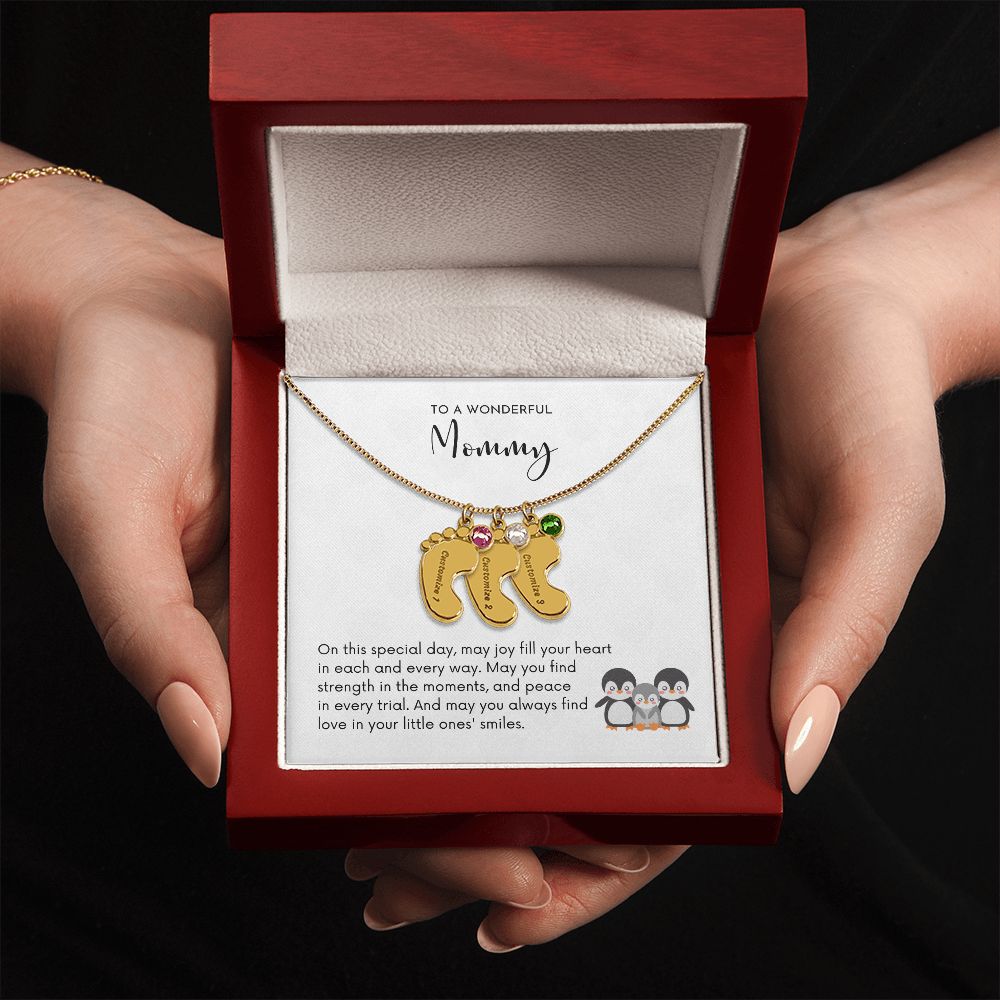 MOMMY OF THREE - Little Ones' Smiles (Engraved Baby Feet Necklace w/Birthstones)